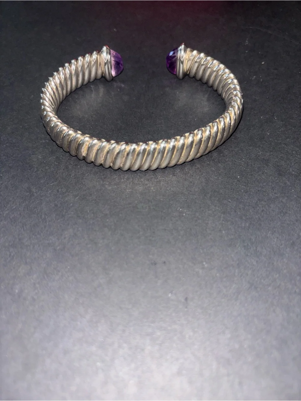 Sterling Silver Twisted Cuff Bracelet with Purple Gemstone and diamond Ends